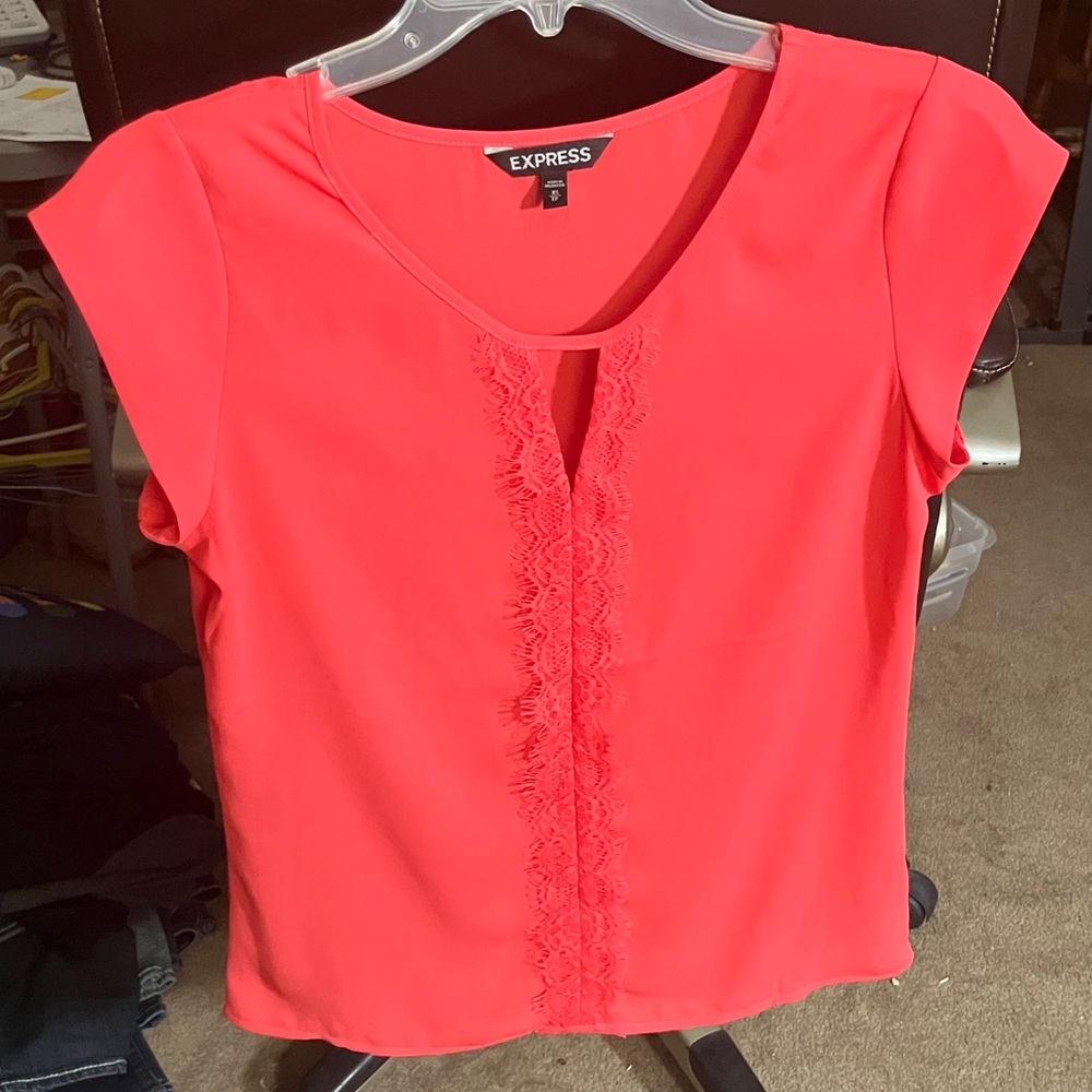 Express Women's Coral Blouse with Lace Detail